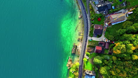 Aerial-view-of-a-village-on-the-shores-of-Lake-Attersee-in-Austria