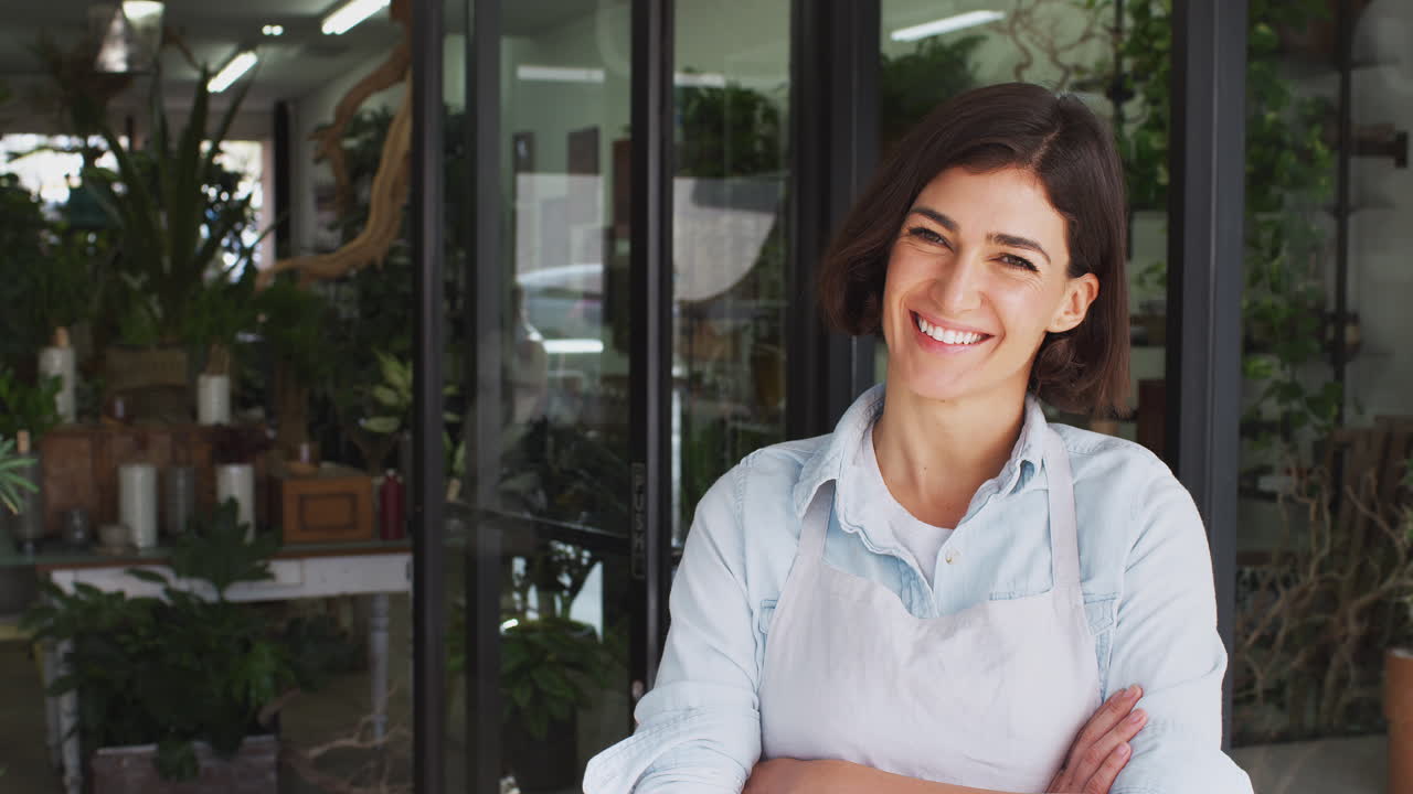 Retrato de uma dona sorridente, proprietária de uma florista, de pé na porta, cercada de plantas.