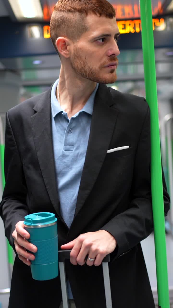Man in suit with coffee cup traveling by train