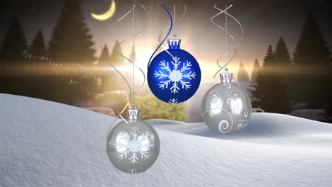 Animation-of-christmas-baubles-over-fir-trees