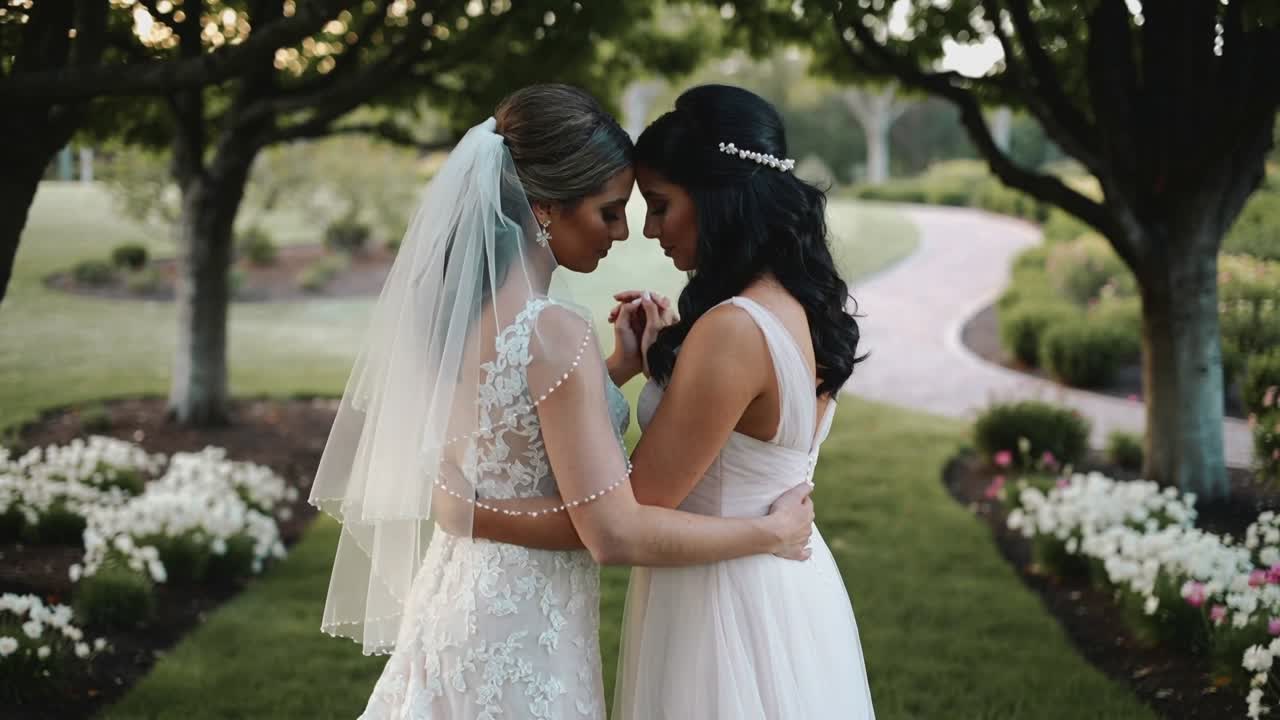 Riprendendo due spose che si abbracciano su un sentiero del giardino durante il matrimonio, con dettagli di velo e tulle.