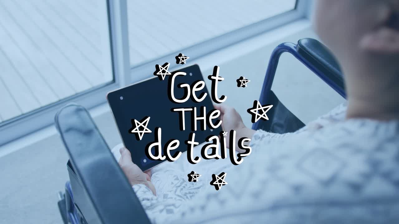 Healthcare patient tapping tablet in wheelchair, showing handwritten Get details flickering stars