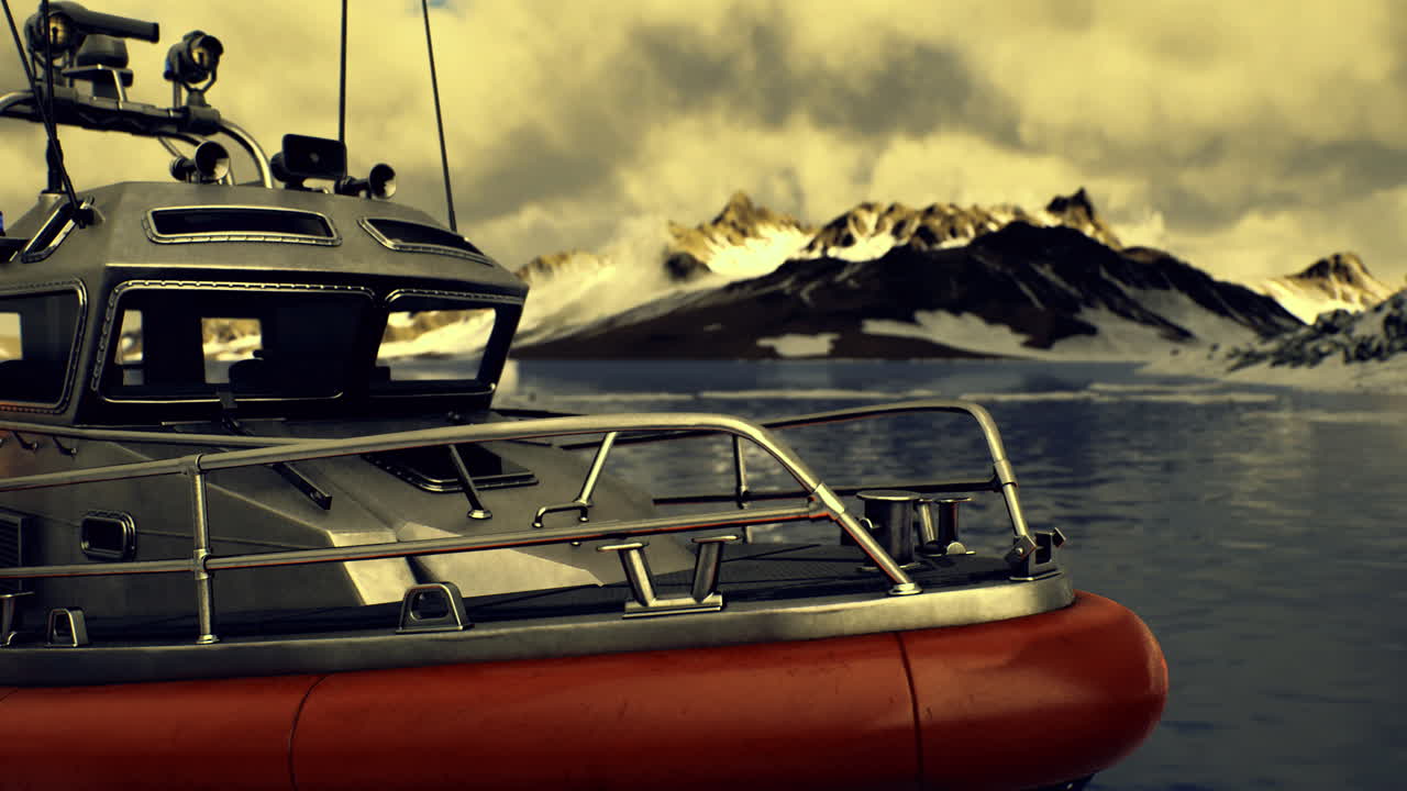 Rescue boat preparing for operation in icy waters near mountain range