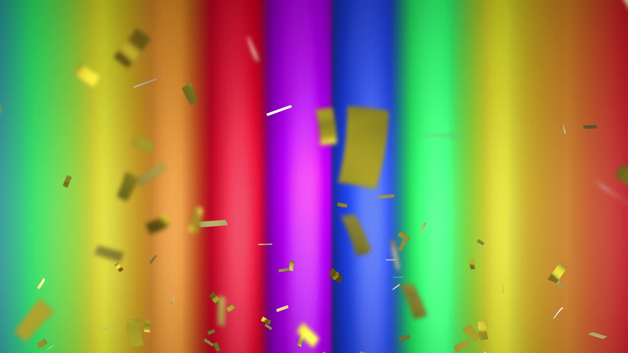 animación de confeti sobre rayas de arco iris y colores que se mueven en un bucle sin costuras