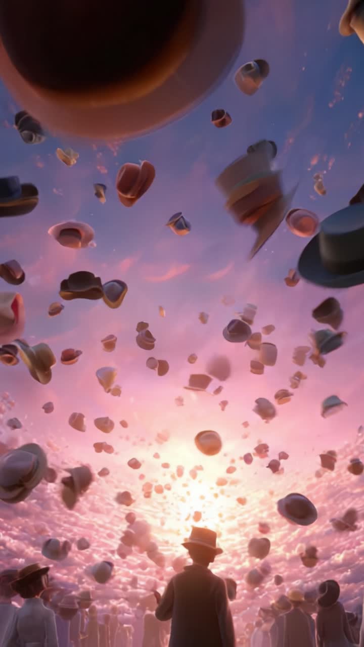 A whimsical scene of floating hats against a vibrant sunset backdrop, where silhouettes of onlookers gaze in awe, creating a dreamlike atmosphere filled with wonder
