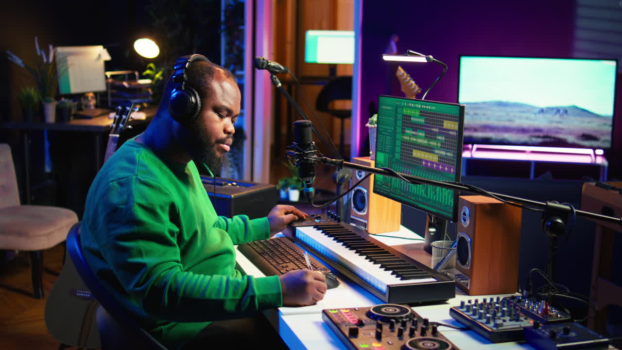 un talentoso compositor famoso escribe nuevos versos y letras en su estudio casero.