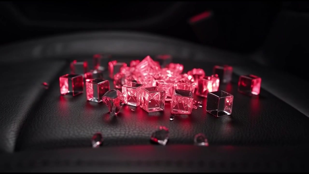 Glowing Red Translucent Cubes Scattered on Black Leather Surface