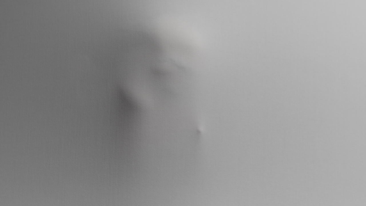 A creepy silhouette of a woman appears from the white surface
