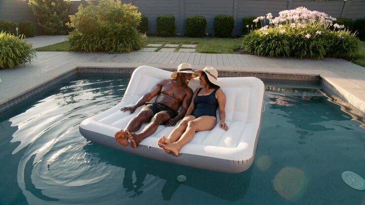 Drifting float holding couple in trunks and swimsuit sharing love, leaning in home pool, straw hats