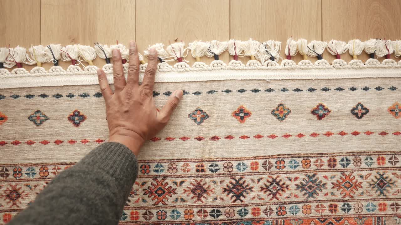 Etnik Desenli Dekoratif Halı Üzerinde El