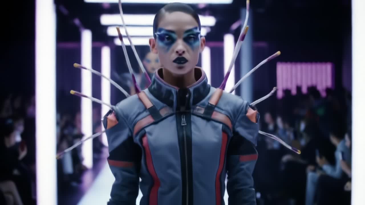 Model Showcases Futuristic Fashion Design on Runway During Nighttime Event