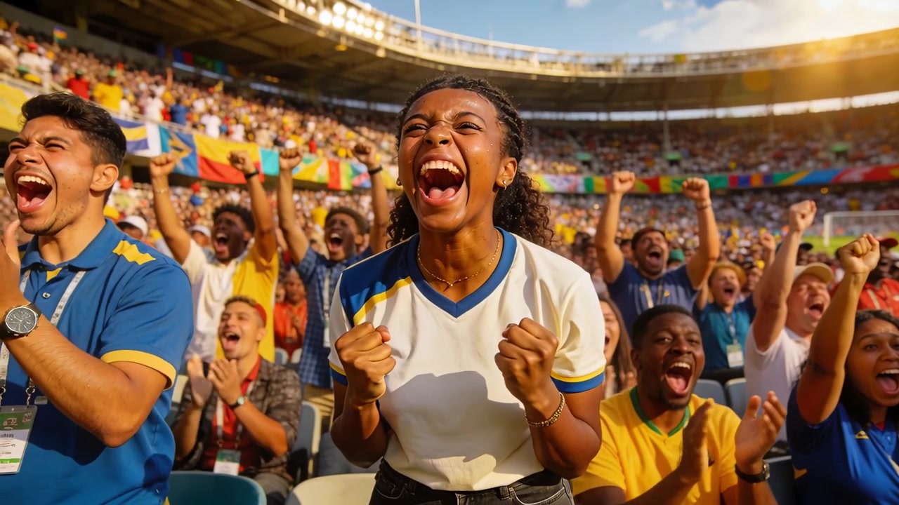 Aficionado negro animando con camiseta blanca y ribete azul siguiendo una jugada decisiva en las gradas, banderas ondeando