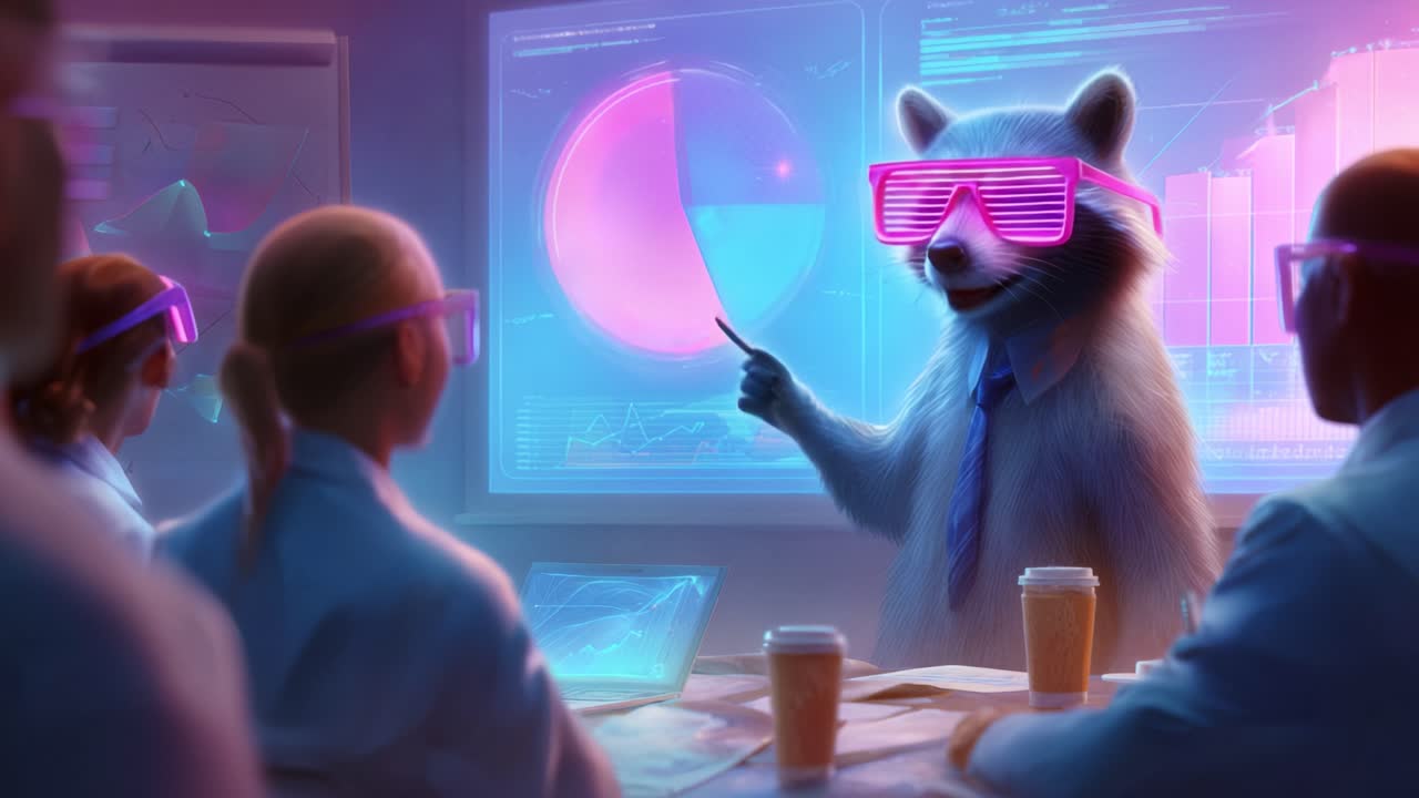 A whimsical raccoon wearing oversized pink glasses passionately presents data to an attentive audience of researchers in a futuristic laboratory setting. The vibrant graphs emphasize the lively discussion