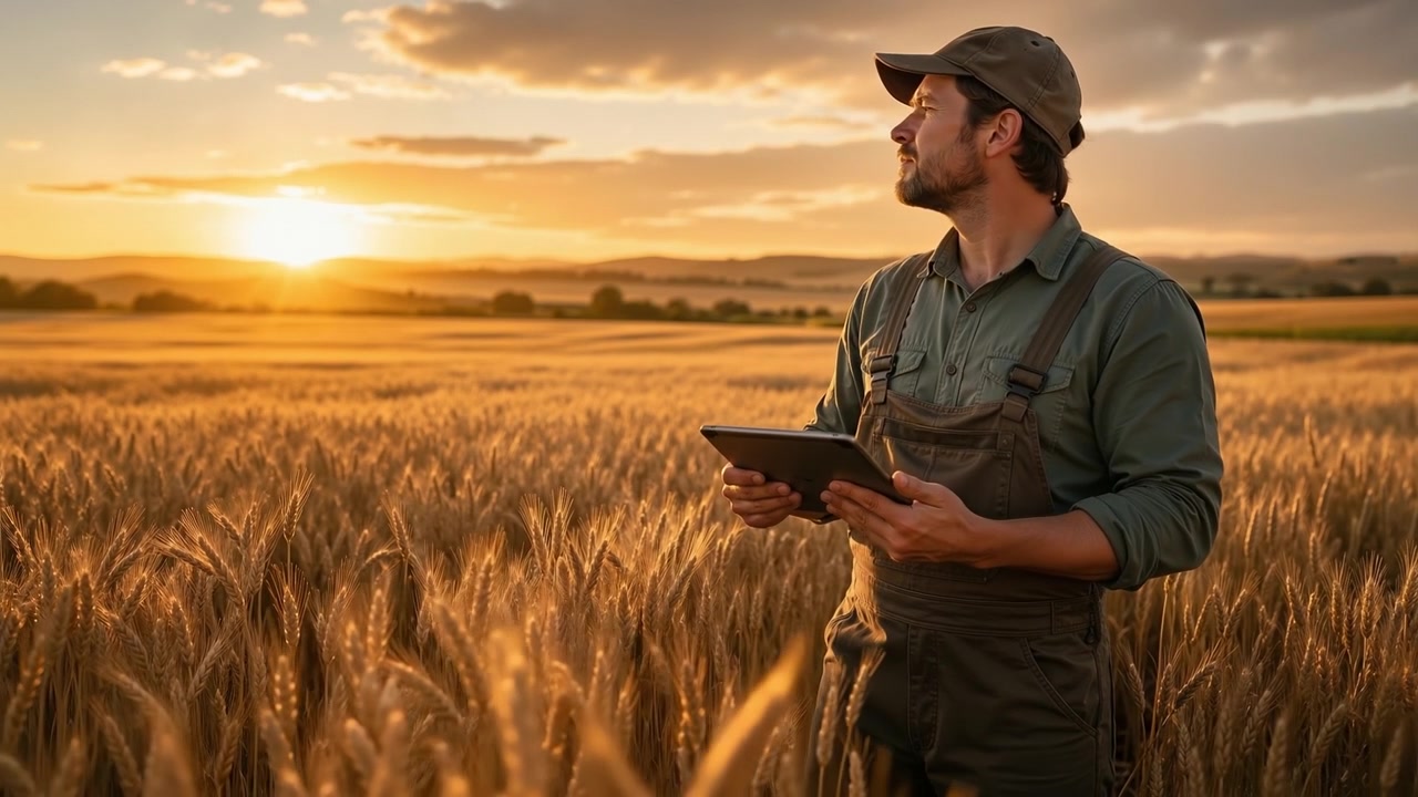 Agricoltore in piedi in un campo di grano dorato al tramonto mentre usa un tablet digitale per la gestione agricola.