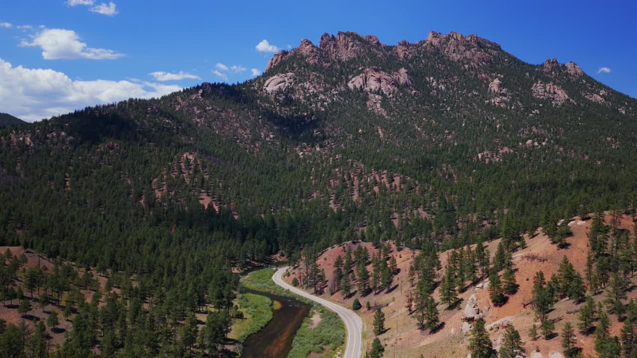 Summer Deckers South Platte River Conifer Pine aerial drone Colorado Trail Foxton North Fork Buffalo Creek Platte Canyon morning sunny blue sky Pike National Forest windy road backwards