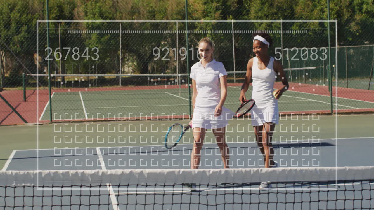 Women walking on outdoor tennis court holding rackets, showing technology numeric UI overlays