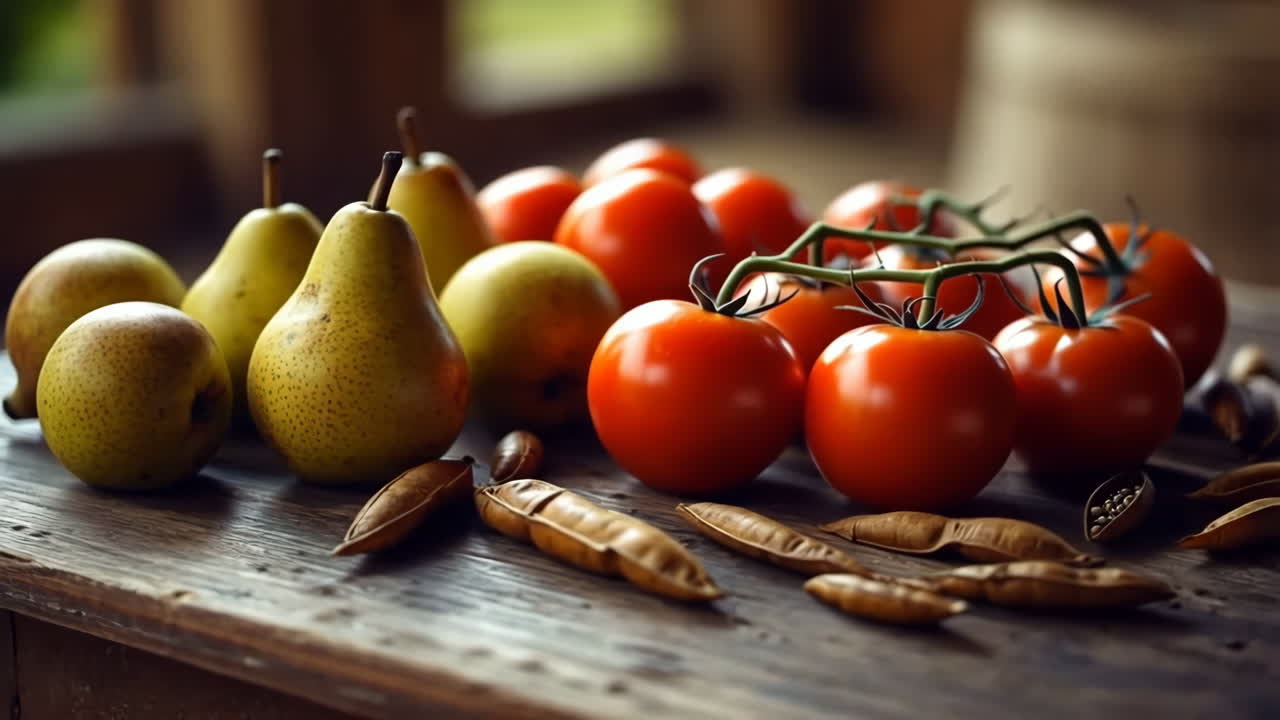A rustic display of fresh pears and tomatoes on a wooden table