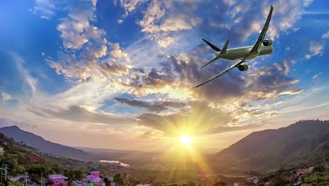 parallax photo effect photoshop airplane flying over the countryside (fisheye lans)