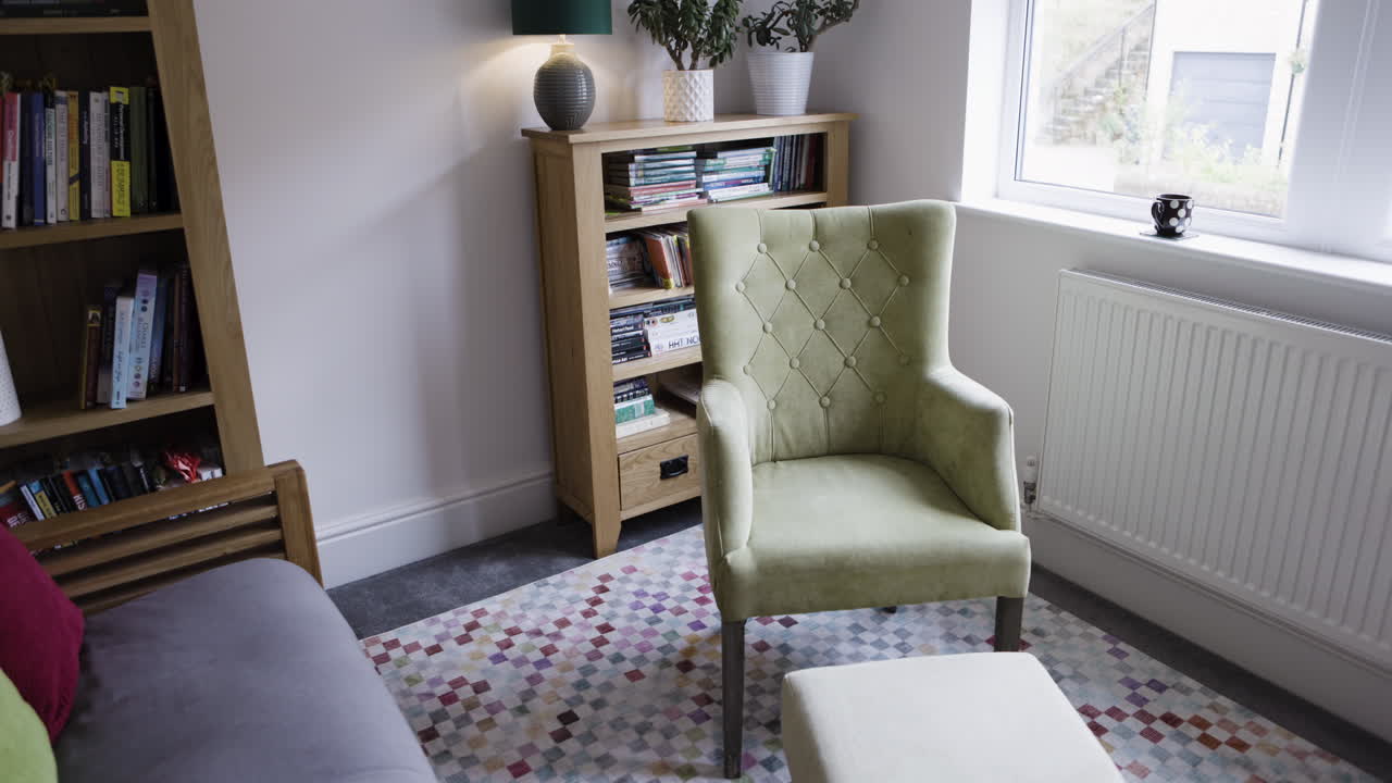 Cozy living room with armchair and bookshelf