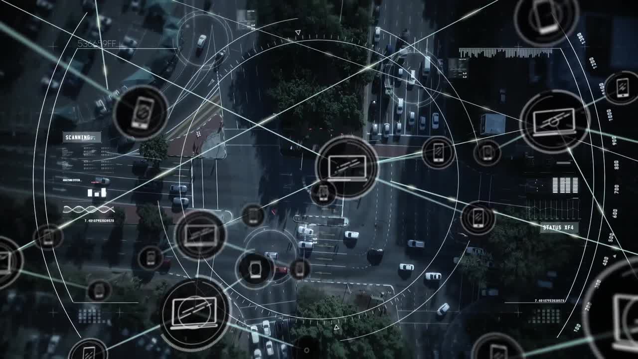 도시 풍경 위의 아이콘으로 연결된 네트워크의 애니메이션