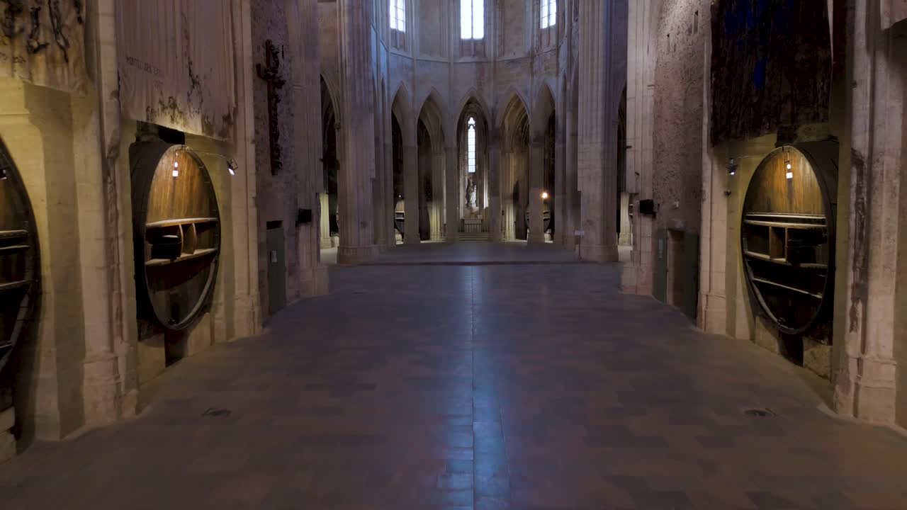 Interior view inside a french Abbey, monastery with huge wine barrels.