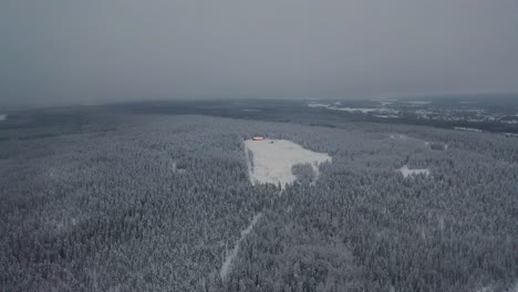 Aerial-view-of-frozen-mountain-top-in-deep-forest