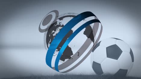 Animation-of-globe-and-soccer-ball-on-grey-background