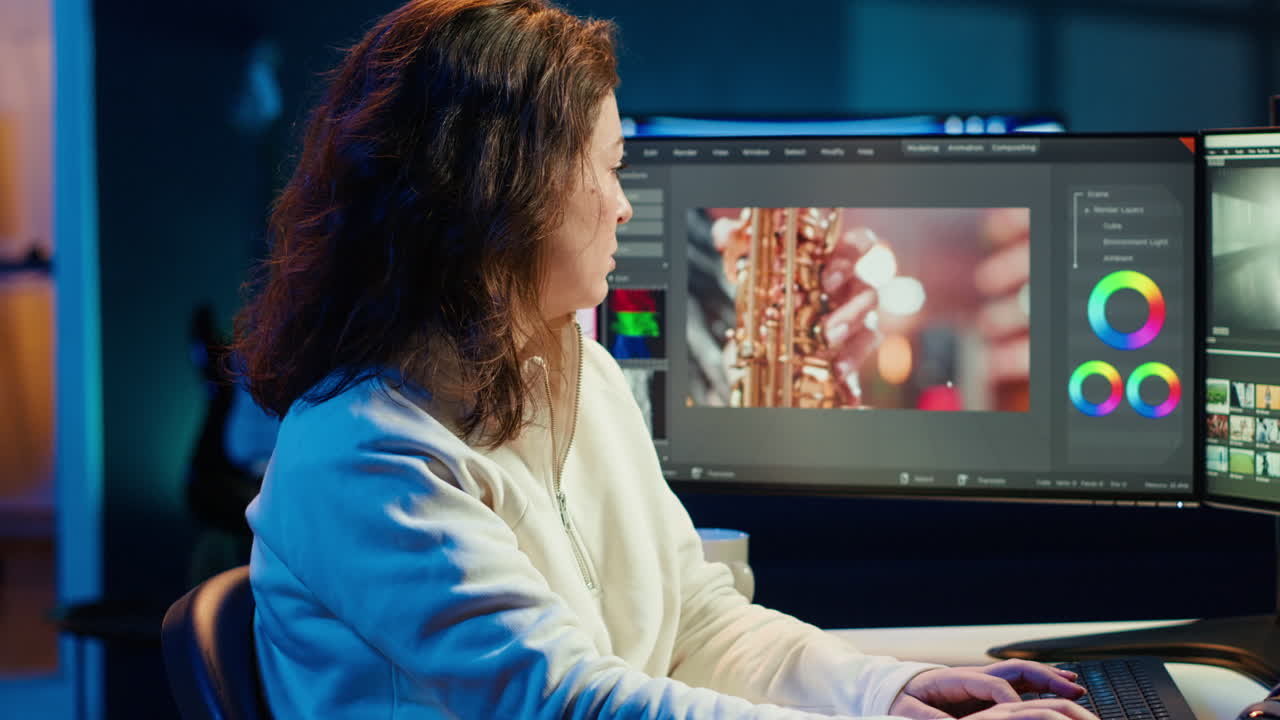 Smiling video editor working for media company in editing room