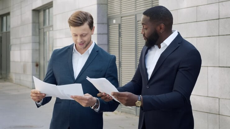 Businessmen working with documents in city. Business men shaking hands outside
