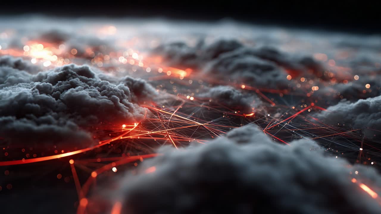 Un'immagine straordinaria di nuvole intense intrecciate con fili di energia luminosa, che crea un'atmosfera accattivante di connessione e movimento dinamico