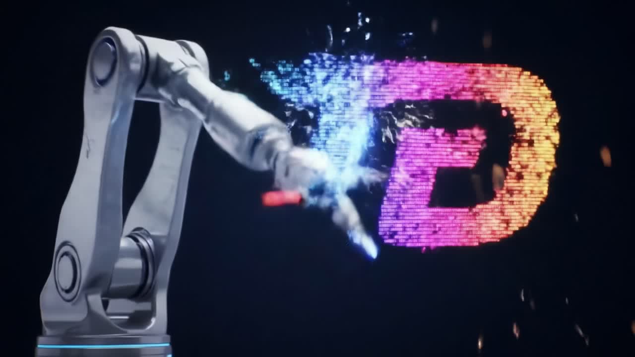 Innovative Robotic Arm Creating Colorful Digital Text Display with Sparks in a Dynamic Multicolor Light Show Perfect for Showcasing Advanced Technology and Automation