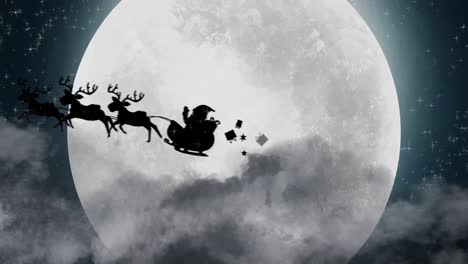 Silhouette-of-Santa-Claus-in-sleigh-being-pulled-by-reindeers-against-moon