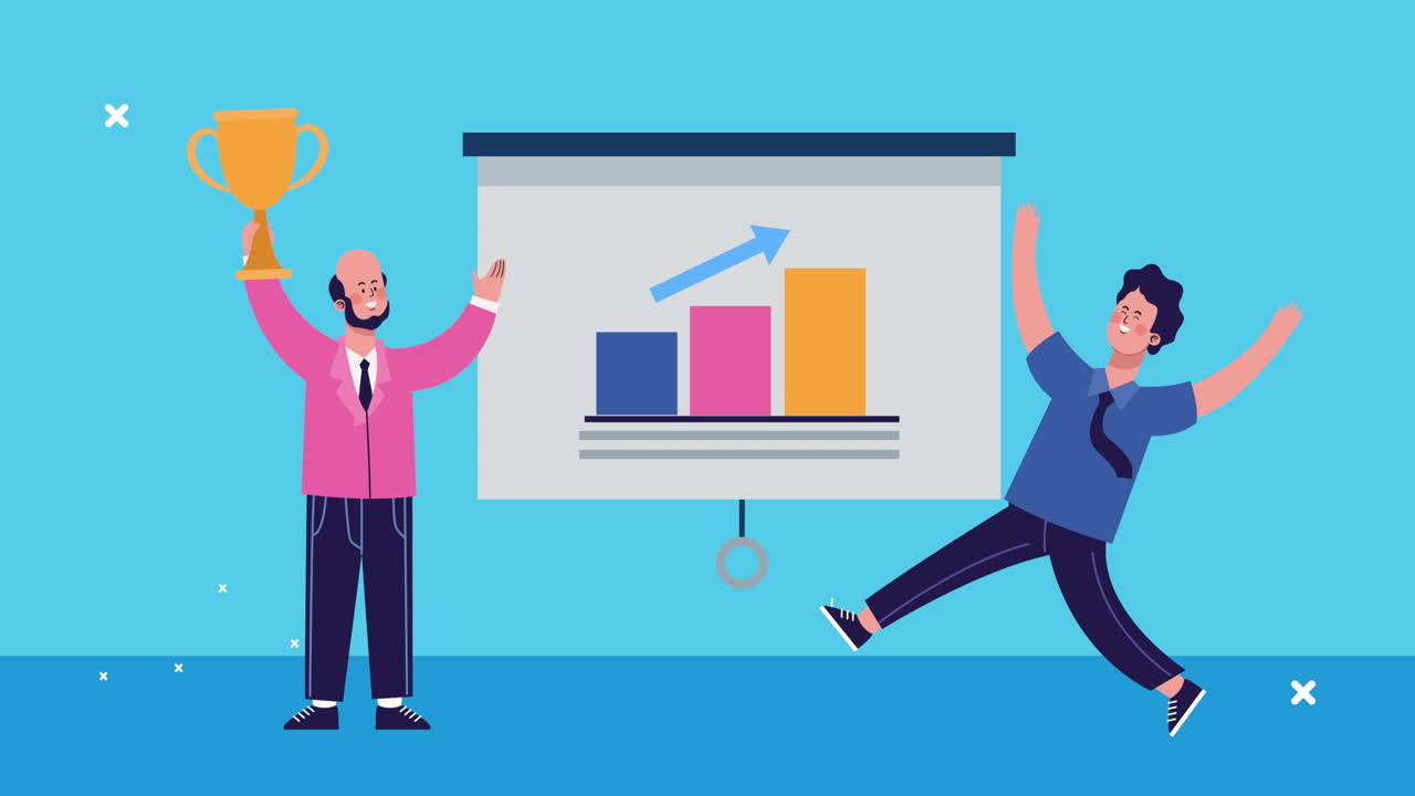 businesmen with trophy and statistics bars characters animated