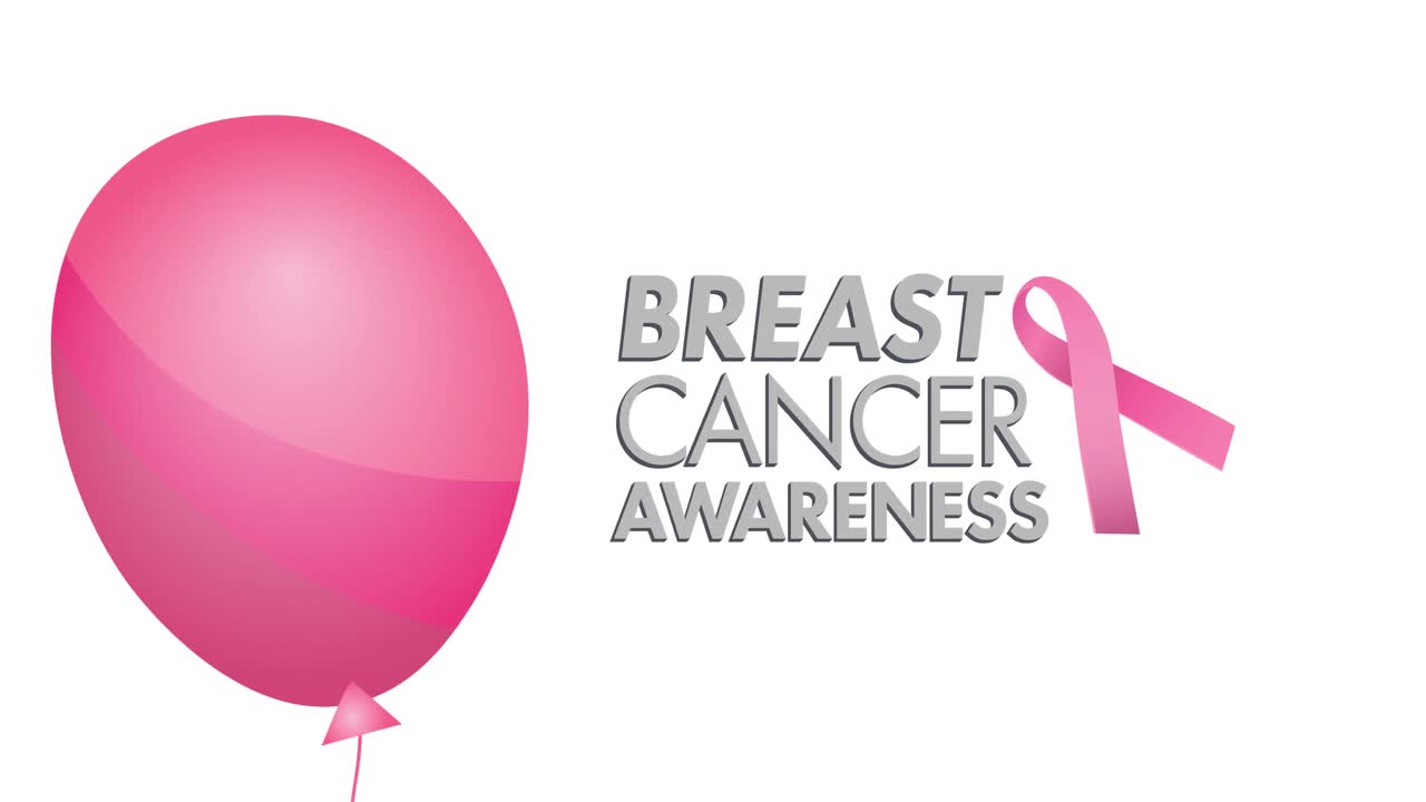 분홍색 리본 로고와 유방암 텍스트 위에 날아다니는 분홍색 풍선의 애니메이션