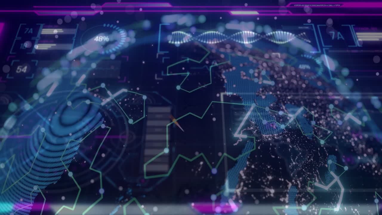 Creating animation of digital data visualization with graphs, charts, and world map