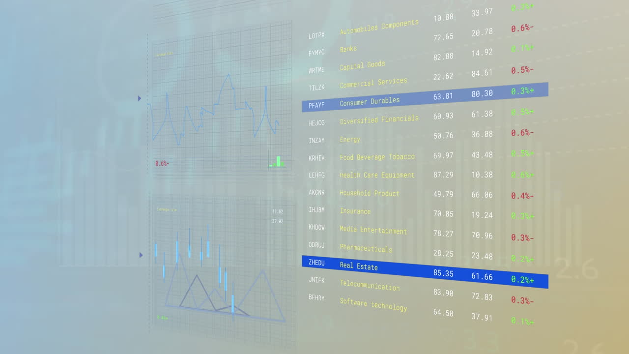 Animation of statistical and stock market data processing against blue gradient background