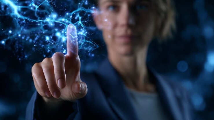 Uma mulher estende a mão com o dedo, com uma esfera de energia azul brilhante e cativante, mostrando a fusão entre tecnologia e conexão humana em um ambiente digitalmente aprimorado