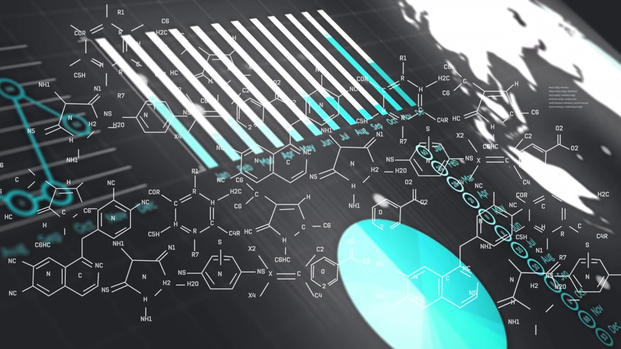 Animation of chemical formula over data processing on black background