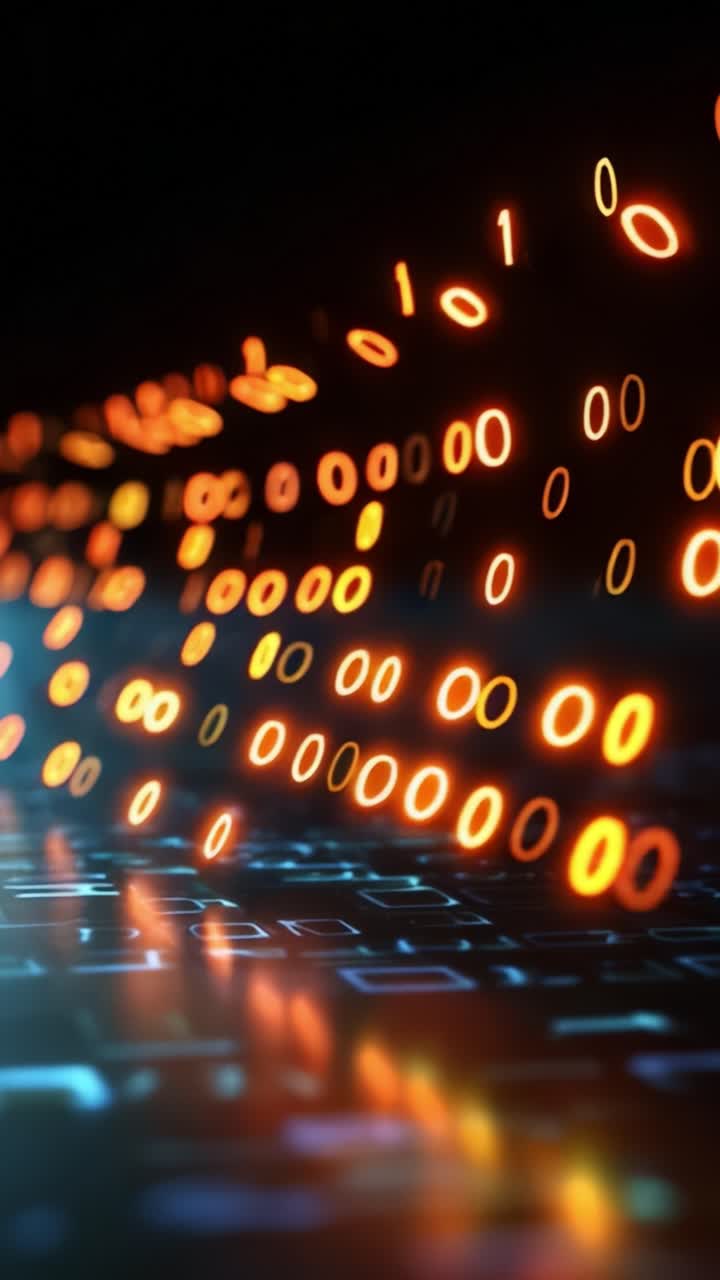 Dynamic Flow of Binary Code Represented as Glowing Orange and Yellow Digits Over a Keyboard in a Dark Environment Symbolizing Digital Data Transformation