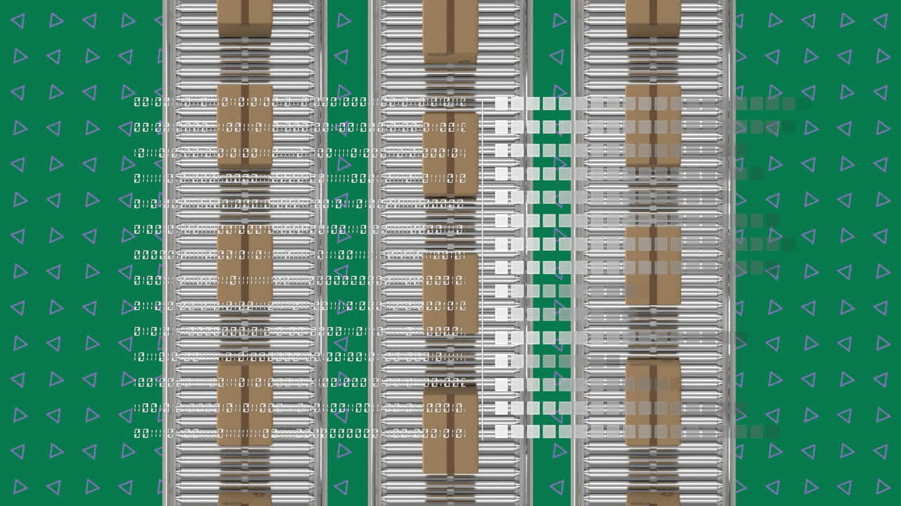 이진 코드의 애니메이션, 컨베이어 벨트에서 움직이는 카드보드 상자, 녹색 바탕에 있는 삼각형
