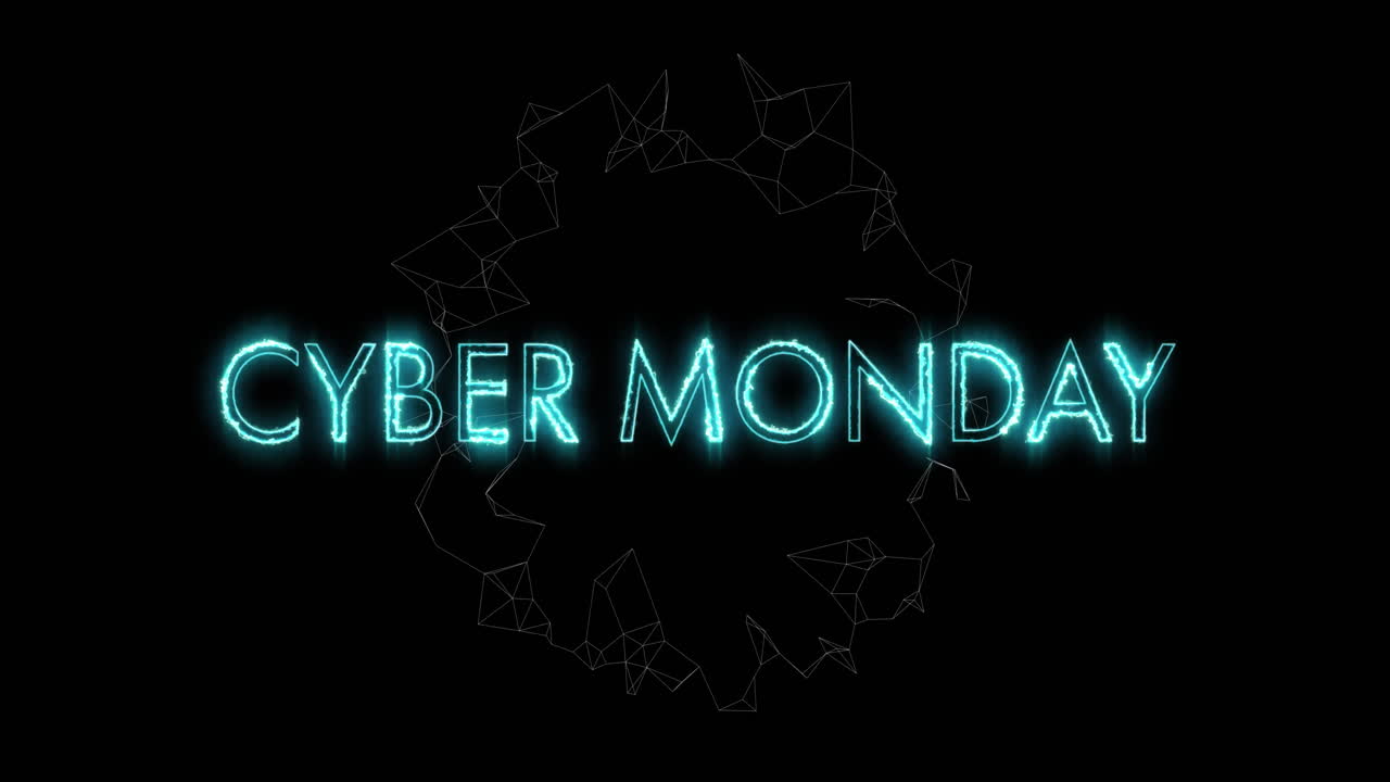 Animation of cyber monday text over spinning network of connections on black background