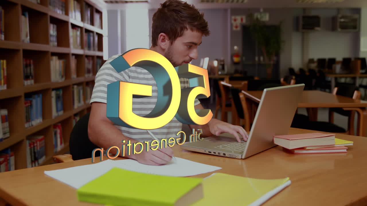 animazione di testo 5g su scrittura di uno studente maschio caucasico