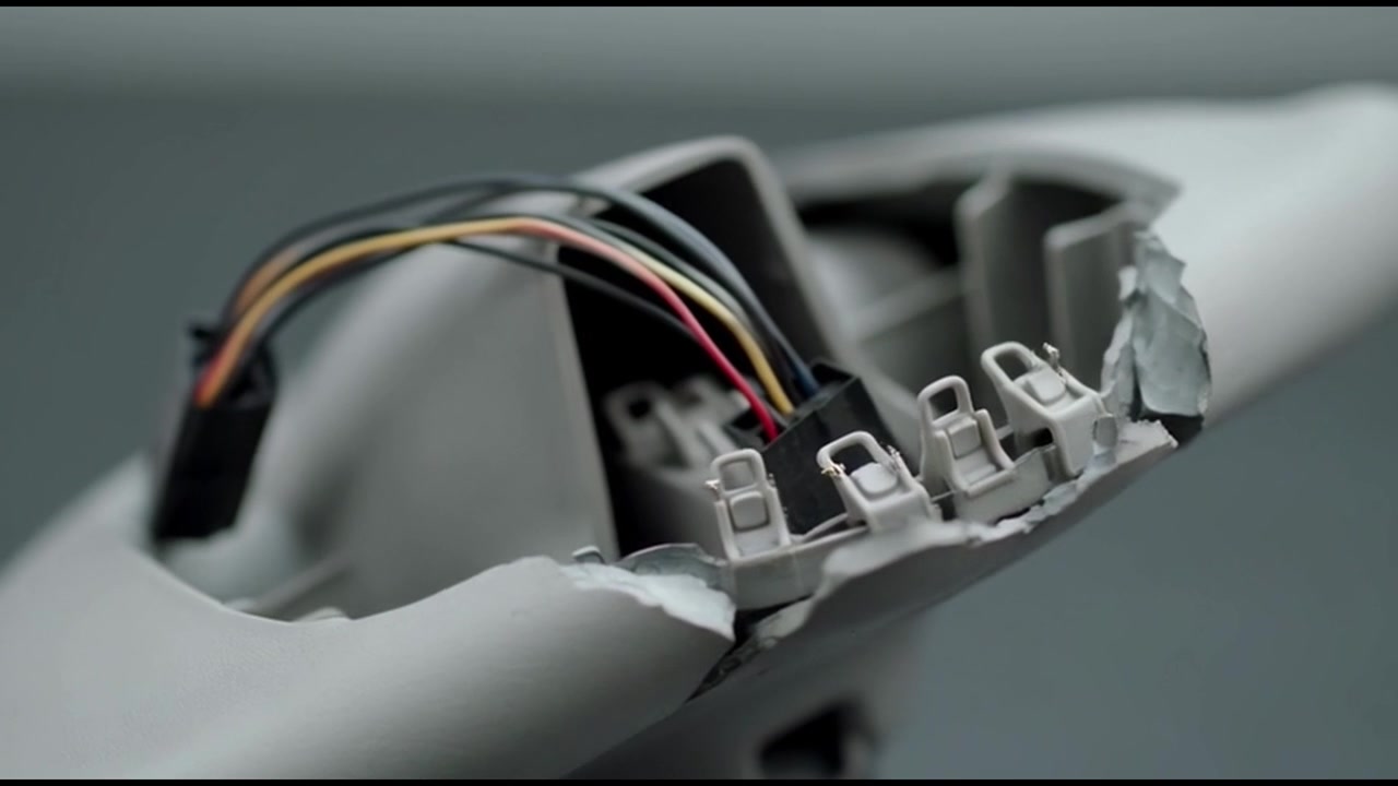 Damaged Car Steering Wheel Component with Exposed Wiring