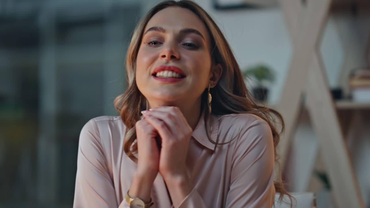 Closeup happy businesswoman finishing work at night. Successful boss closing lid