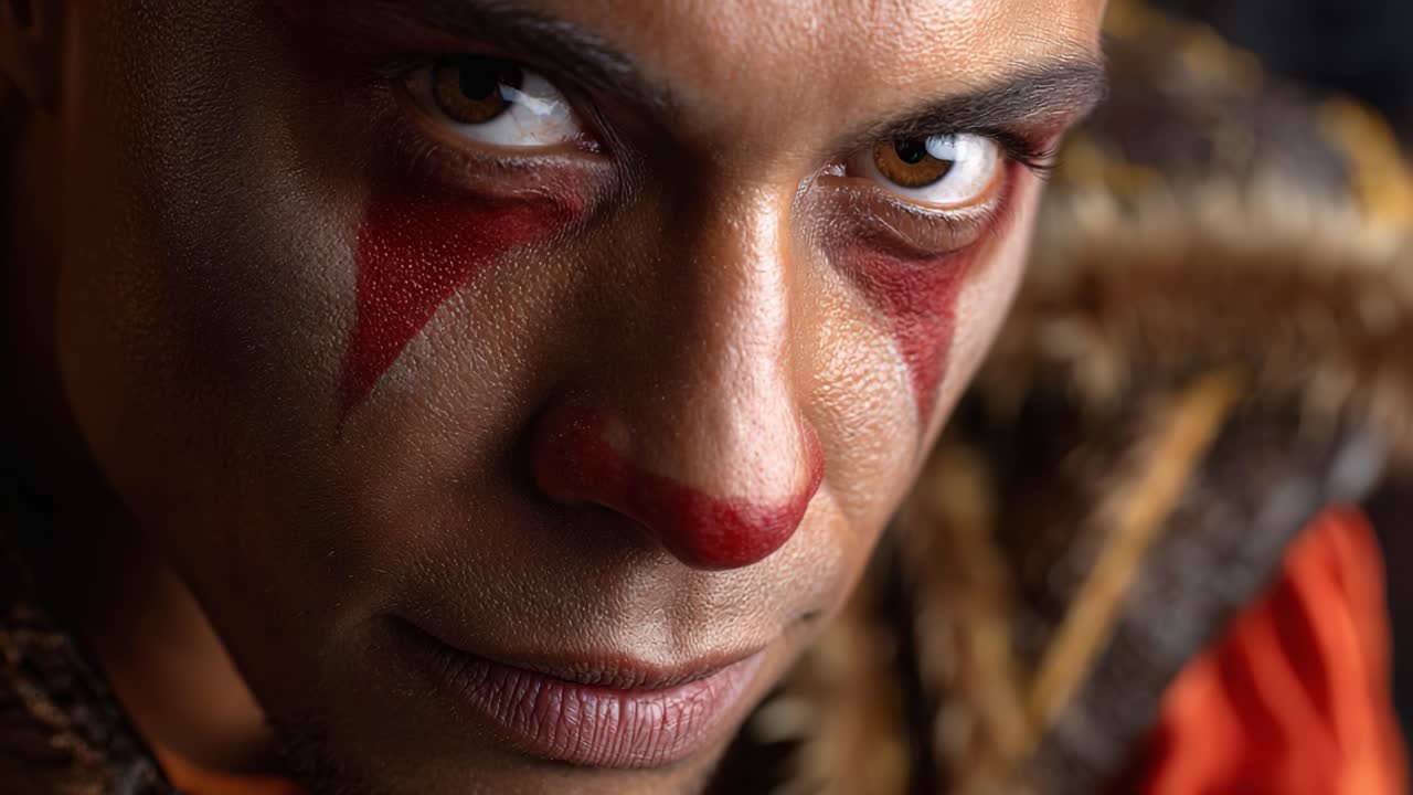 An Intense Portrait of a Character with Dramatic Makeup and Bold Details, Showcasing Striking Facial Expressions and Intriguing Color Contrasts in Close-Up