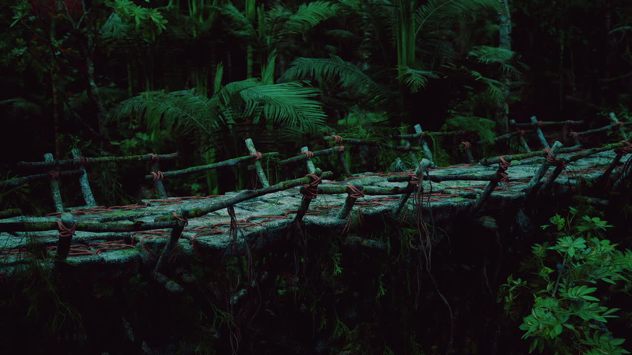 Wooden bridge in lush greenery of venezuelas rainforest at twilight