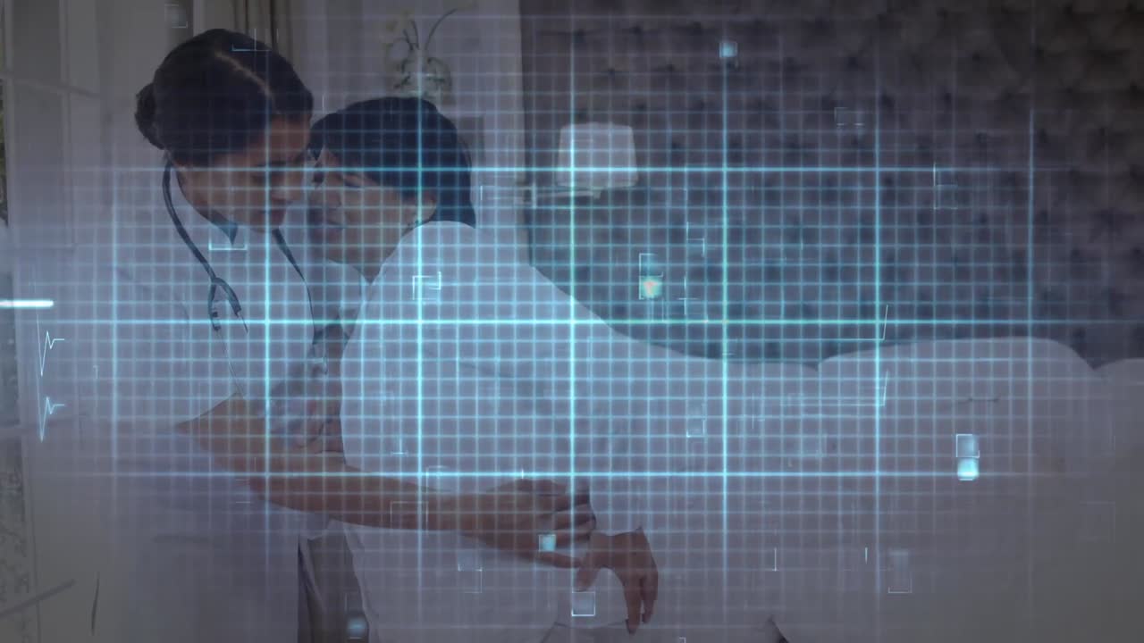 Animation of cardiogram over diverse doctor and patient background