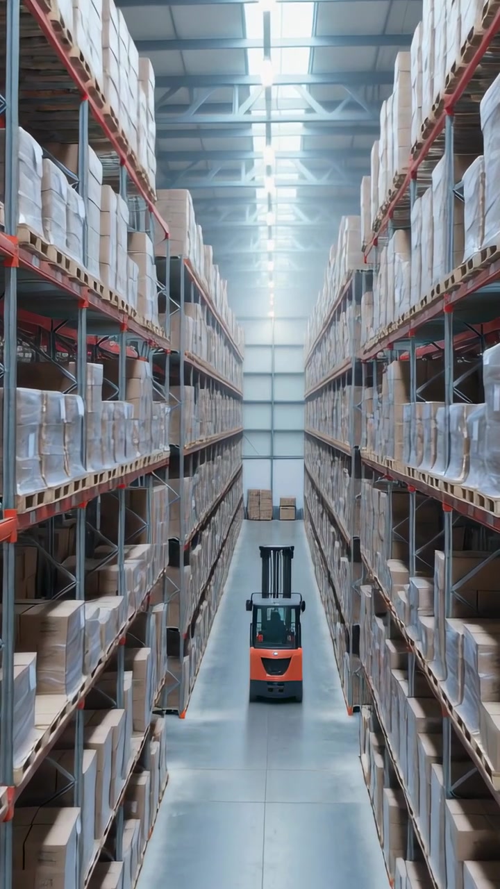 Vertical video: Starting engine, orange forklift moving down aisle, passing pallet racks and boxes