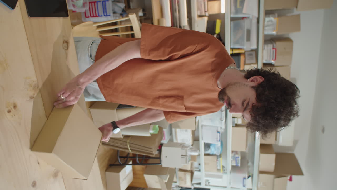 Man Packing Order into Parcel Box in Online Store Warehouse