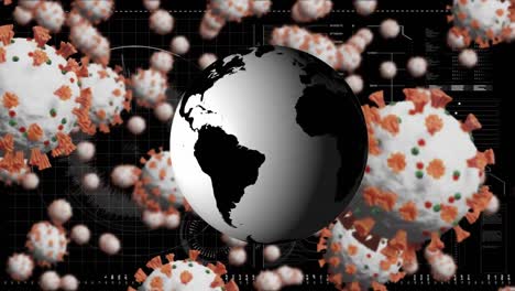 animation of globe rotating over covid cells and data processing on interface